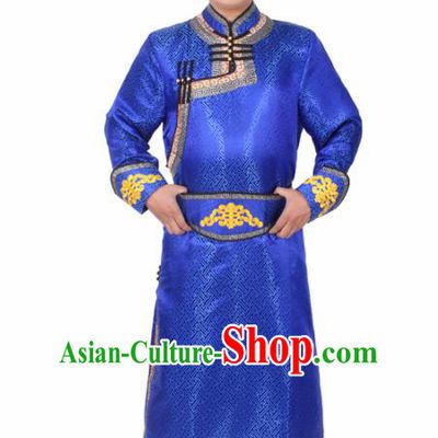 Chinese Ethnic Prince Costume Royalblue Mongolian Robe Traditional Mongol Nationality Folk Dance Clothing for Men