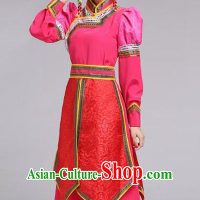 Chinese Mongolian Ethnic Folk Dance Rosy Dress Traditional Mongol Nationality Princess Costume for Women