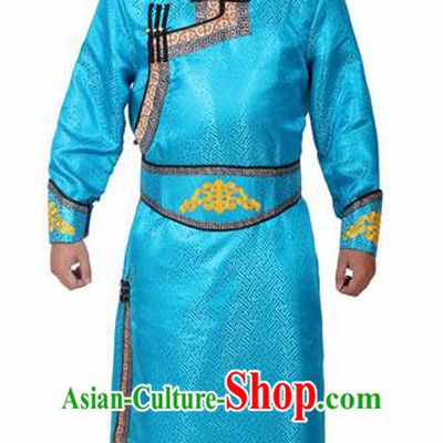 Chinese Ethnic Prince Costume Blue Mongolian Robe Traditional Mongol Nationality Folk Dance Clothing for Men