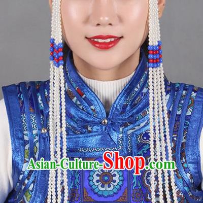 Chinese Mongolian Ethnic Tassel Hair Accessories Traditional Mongol Nationality Folk Dance White Beads Headband for Kids