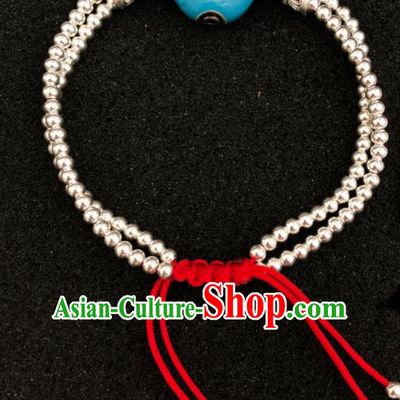 Traditional Chinese Mongol Nationality Blue Bead Sliver Bracelet Accessories Mongolian Ethnic Bangle for Women