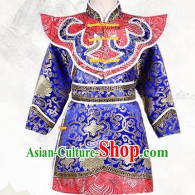 Chinese Ethnic Costume Royalblue Brocade Robe Traditional Mongol Nationality Folk Dance Clothing for Kids