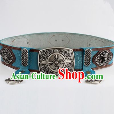 Chinese Mongolian Ethnic Waist Accessories Traditional Mongol Nationality Blue Leather Belts for Men