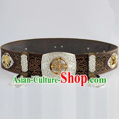 Chinese Mongolian Ethnic Waist Accessories Traditional Mongol Nationality Black Leather Belts for Men