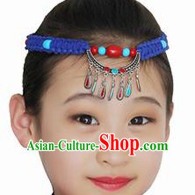 Chinese Mongolian Ethnic Hair Accessories Traditional Mongol Nationality Folk Dance Blue Headband for Kids