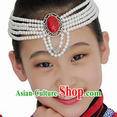 Chinese Mongolian Ethnic White Beads Hair Accessories Traditional Mongol Nationality Folk Dance Headband for Kids