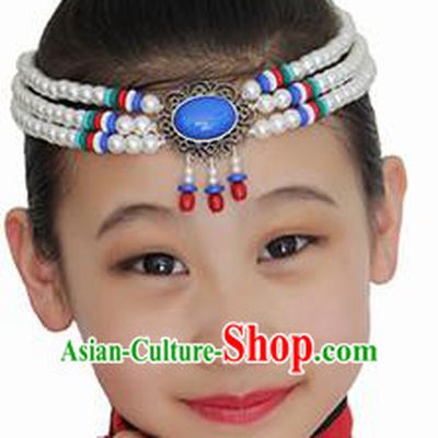 Chinese Mongolian Ethnic White Beads Tassel Hair Accessories Traditional Mongol Nationality Folk Dance Headband for Kids
