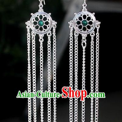 Chinese Mongolian Ethnic Green Bead Ear Accessories Traditional Mongol Nationality Folk Dance Earrings for Women