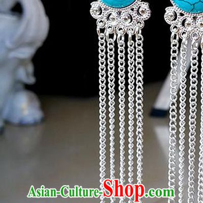 Traditional Chinese Mongolian Ethnic Blue Beads Tassel Ear Accessories Mongol Nationality Earrings for Women