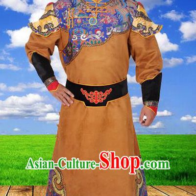 Chinese Ethnic Prince Costume Brown Suede Fabric Mongolian Robe Traditional Mongol Nationality Folk Dance Clothing for Men