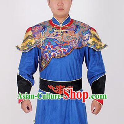 Chinese Ethnic Prince Costume Blue Suede Fabric Mongolian Robe Traditional Mongol Nationality Folk Dance Clothing for Men
