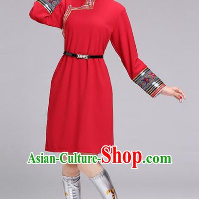 Chinese Mongolian Ethnic Costume Red Dress Traditional Mongol Nationality Folk Dance Clothing for Women