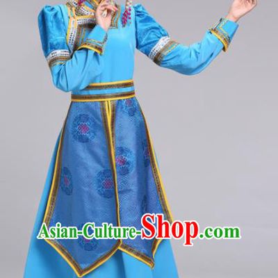 Chinese Mongolian Ethnic Folk Dance Blue Dress Traditional Mongol Nationality Princess Costume for Women