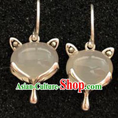 Traditional Chinese Mongol Nationality White Chalcedony Fox Ear Accessories Mongolian Ethnic Sliver Earrings for Women