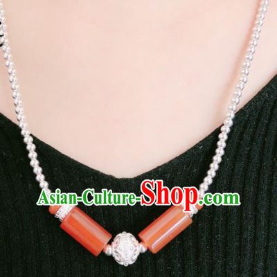 Traditional Chinese Mongol Nationality Sliver Necklet Accessories Mongolian Ethnic Red Agate Necklace for Women