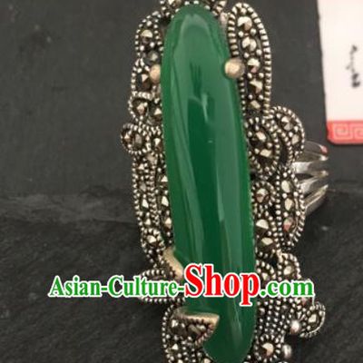 Traditional Chinese Mongol Nationality Green Chalcedony Ring Mongolian Ethnic Accessories for Women