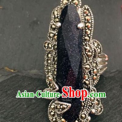 Traditional Chinese Mongol Nationality Blue Stone Ring Mongolian Ethnic Accessories for Women