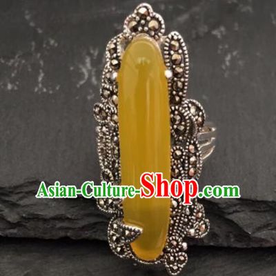Traditional Chinese Mongol Nationality Yellow Chalcedony Ring Mongolian Ethnic Accessories for Women