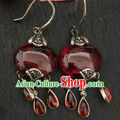 Chinese Mongol Nationality Garnet Earrings Traditional Mongolian Ethnic Garnet Ear Accessories for Women