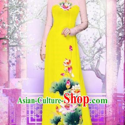 Vietnam Traditional National Printing Lotus Yellow Ao Dai Dress Asian Vietnamese Cheongsam for Women
