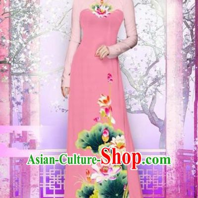 Vietnam Traditional National Printing Lotus Pink Ao Dai Dress Asian Vietnamese Cheongsam for Women