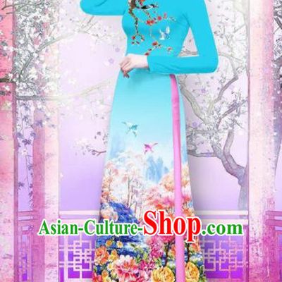 Vietnam Traditional National Printing Peony Blue Ao Dai Dress Asian Vietnamese Cheongsam for Women