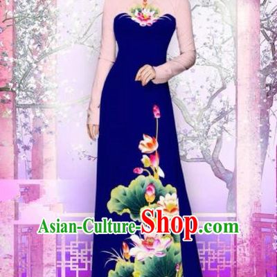 Vietnam Traditional National Printing Lotus Royalblue Ao Dai Dress Asian Vietnamese Cheongsam for Women