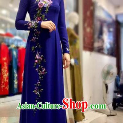 Vietnam Traditional National Wedding Deep Blue Ao Dai Dress Asian Vietnamese Cheongsam for Women
