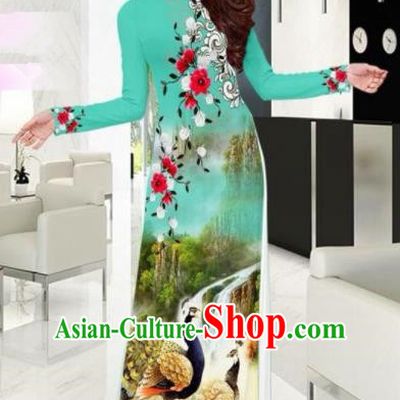 Vietnam Traditional National Printing Peacock Green Ao Dai Dress Asian Vietnamese Cheongsam for Women