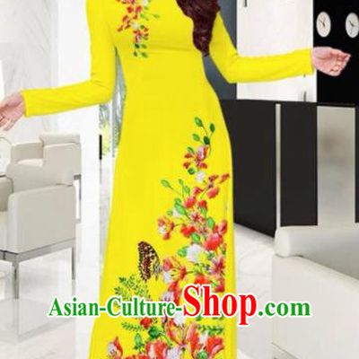 Vietnam Traditional National Printing Flowers Butterfly Yellow Ao Dai Dress Asian Vietnamese Cheongsam for Women