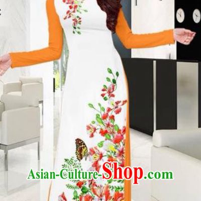 Vietnam Traditional National Printing Flowers Butterfly White Ao Dai Dress Asian Vietnamese Cheongsam for Women