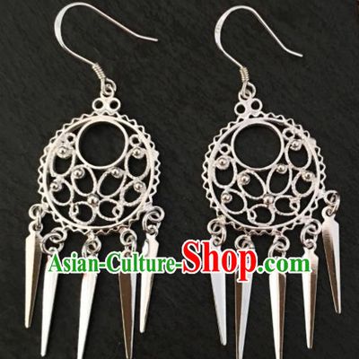 Chinese Traditional Mongol Nationality Carving Tassel Earrings Mongolian Ethnic Ear Accessories for Women