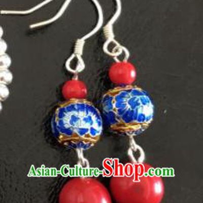 Chinese Traditional Mongol Nationality Cloisonne Earrings Mongolian Ethnic Sliver Ear Accessories for Women
