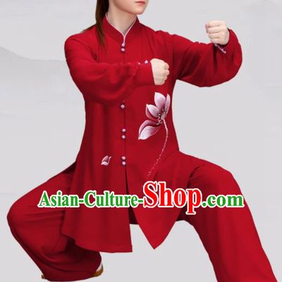Chinese Traditional Martial Arts Red Costume Tai Ji Kung Fu Printing Lotus Clothing for Women