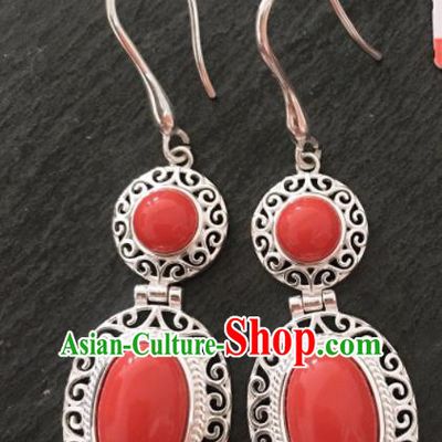 Chinese Traditional Mongol Nationality Coral Stone Earrings Mongolian Ethnic Sliver Ear Accessories for Women