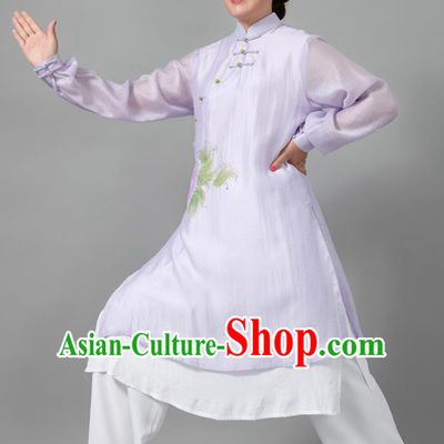 Traditional Chinese Martial Arts Printing Peony Purple Costume Tai Ji Kung Fu Competition Clothing for Women