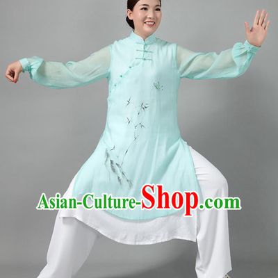 Traditional Chinese Martial Arts Printing Bamboo Green Costume Tai Ji Kung Fu Competition Clothing for Women
