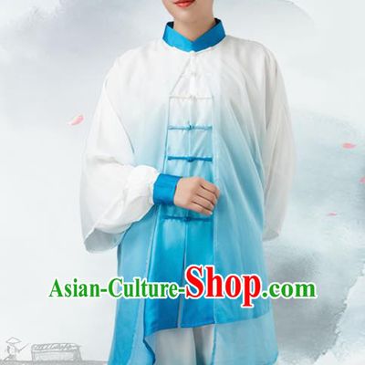 Traditional Chinese Martial Arts Blue Silk Costume Tai Ji Kung Fu Competition Clothing for Women