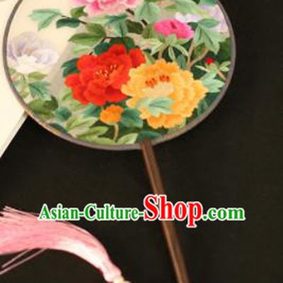 Chinese Traditional Embroidered Peony Flowers Round Fans Classical Hanfu Palace Fans for Women