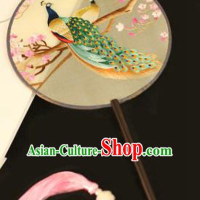 Chinese Traditional Embroidered Green Peacock Round Fans Classical Hanfu Palace Fans for Women