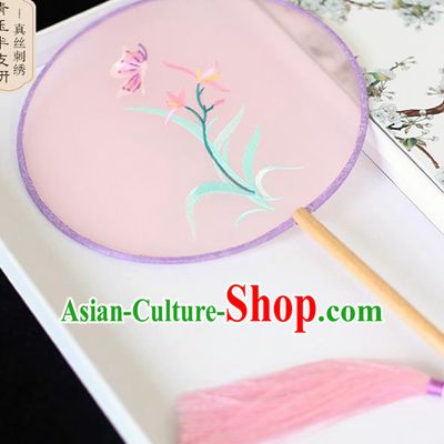 Chinese Traditional Embroidered Orchid Butterfly Pink Round Fans Classical Hanfu Palace Fans for Women
