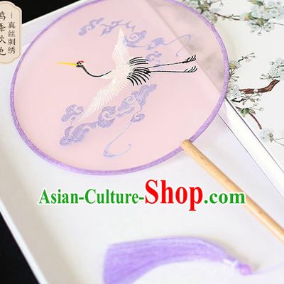 Chinese Traditional Embroidered Crane Pink Round Fans Classical Hanfu Palace Fans for Women