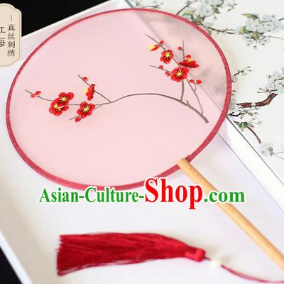 Chinese Traditional Embroidered Plum Blossom Pink Round Fans Classical Hanfu Palace Fans for Women