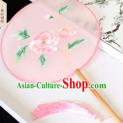Chinese Traditional Embroidered Peony Pink Round Fans Classical Hanfu Palace Fans for Women