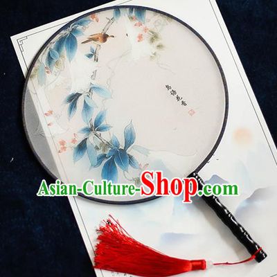 Chinese Traditional Printing Bird Flower Silk Round Fans Handmade Classical Palace Fans for Women