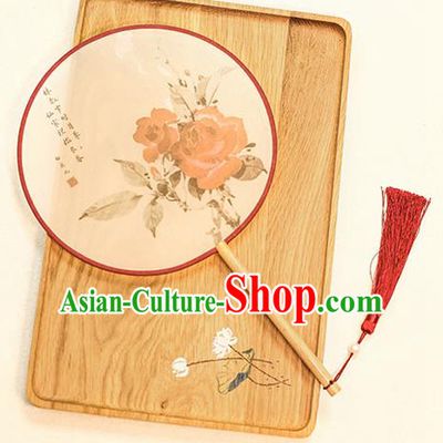 Chinese Traditional Printing Red Roses Dance Silk Round Fans Handmade Classical Palace Fans for Women