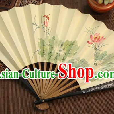Chinese Traditional Handmade Ink Painting Lotus Paper Fans Classical Accordion Folding Fans for Women