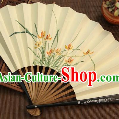 Chinese Traditional Handmade Ink Painting Orchid Paper Fans Classical Accordion Folding Fans for Women