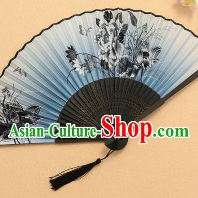 Chinese Traditional Folding Fans Classical Printing Peony Blue Accordion Silk Fans for Women