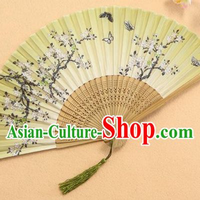 Chinese Traditional Folding Fans Classical Printing Flowers Green Accordion Silk Fans for Women